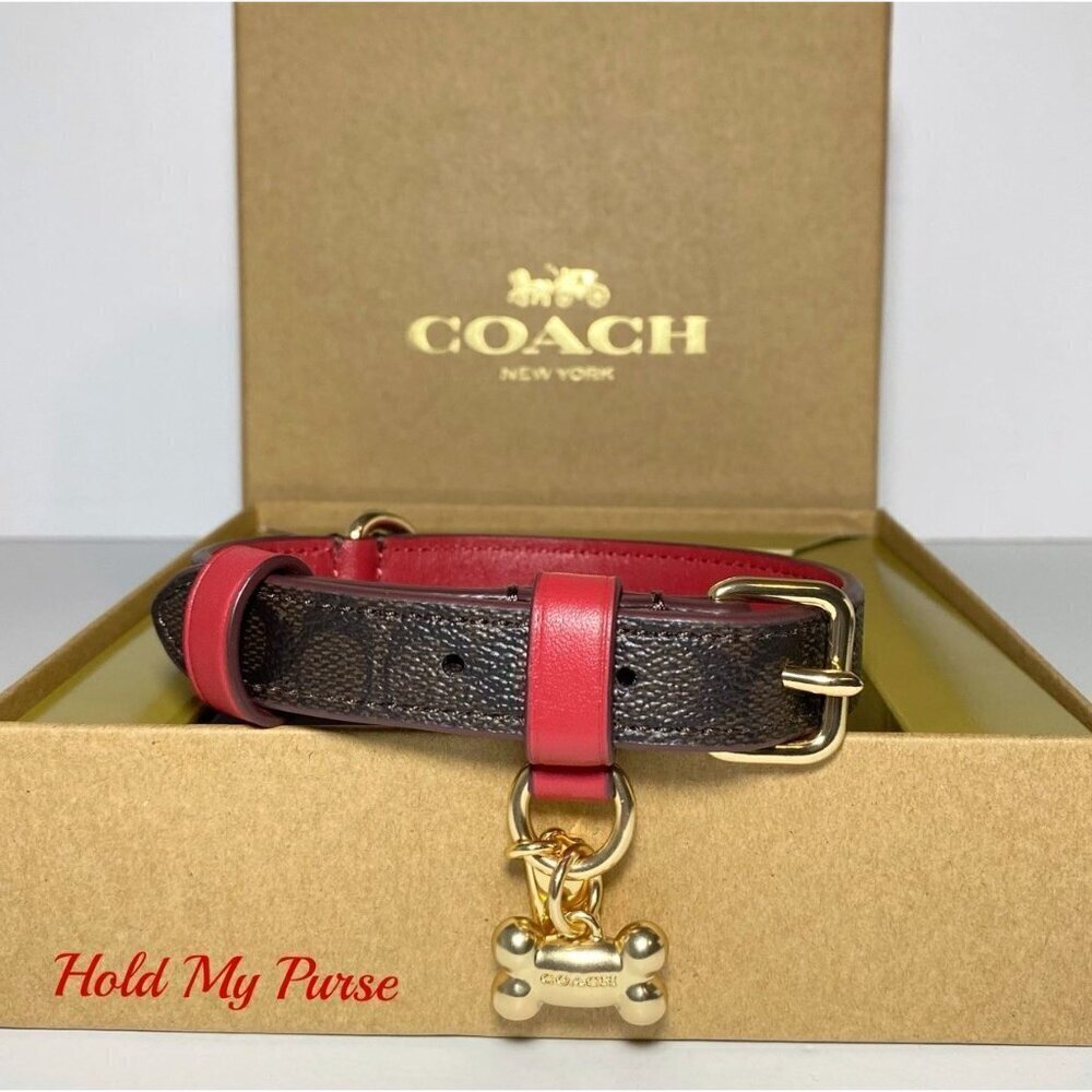 Coach Dog Collar + AirTag Brown Red Small Signature C w/ Apple Tag Tracker - Picture 5 of 11